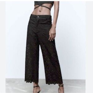 Zara Elegant Black Eyelet Wide Leg Pants